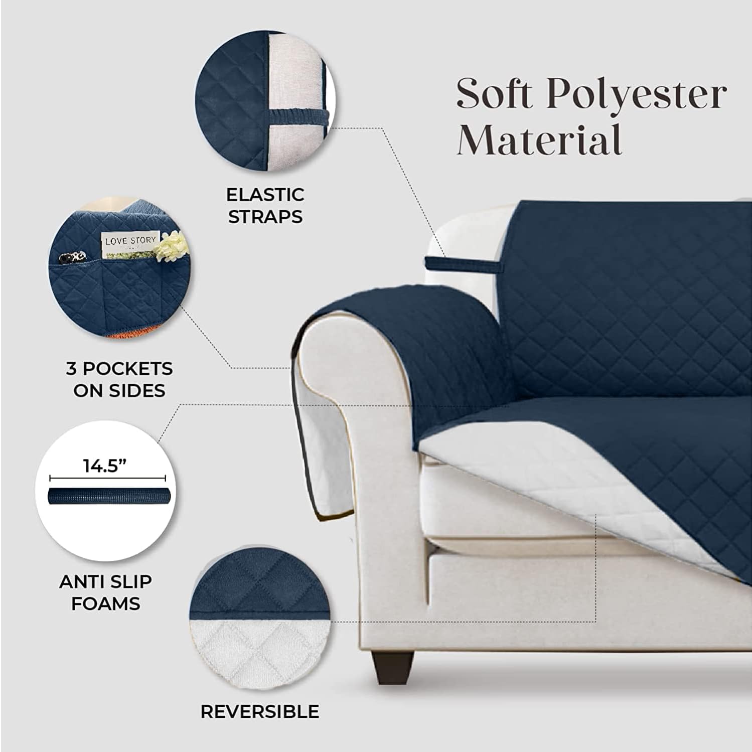 VANELUX Funda de sofá reversible lavable, suave, acolchada, resistente al agua, con espuma antideslizante y correas elásticas protector para