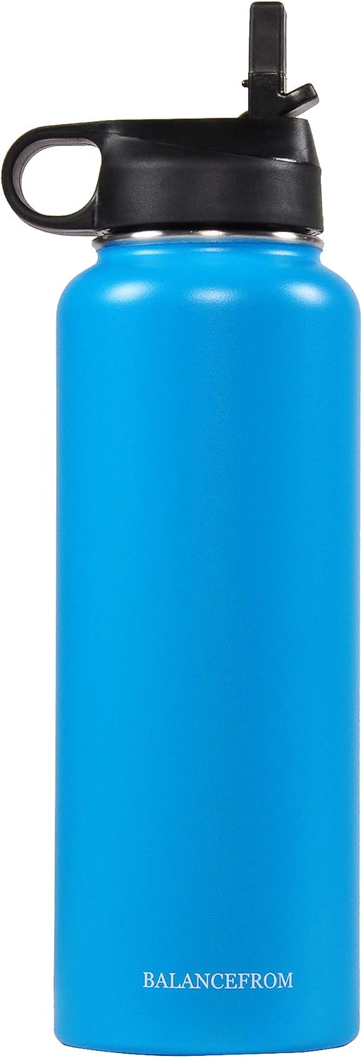 BalanceFrom – Botella de agua de acero inoxidable aislada al vacío, con doble pared, 3 tapas incluidas, boca ancha y estándar, varios colores y