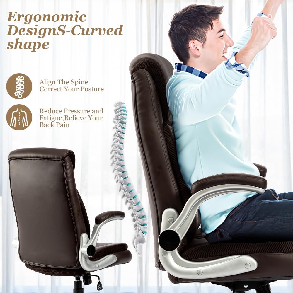 Silla de escritorio ergonómica ejecutiva con reposabrazos abatibles y altura ajustable, 300 libras grande y alta, silla de oficina de cuero
