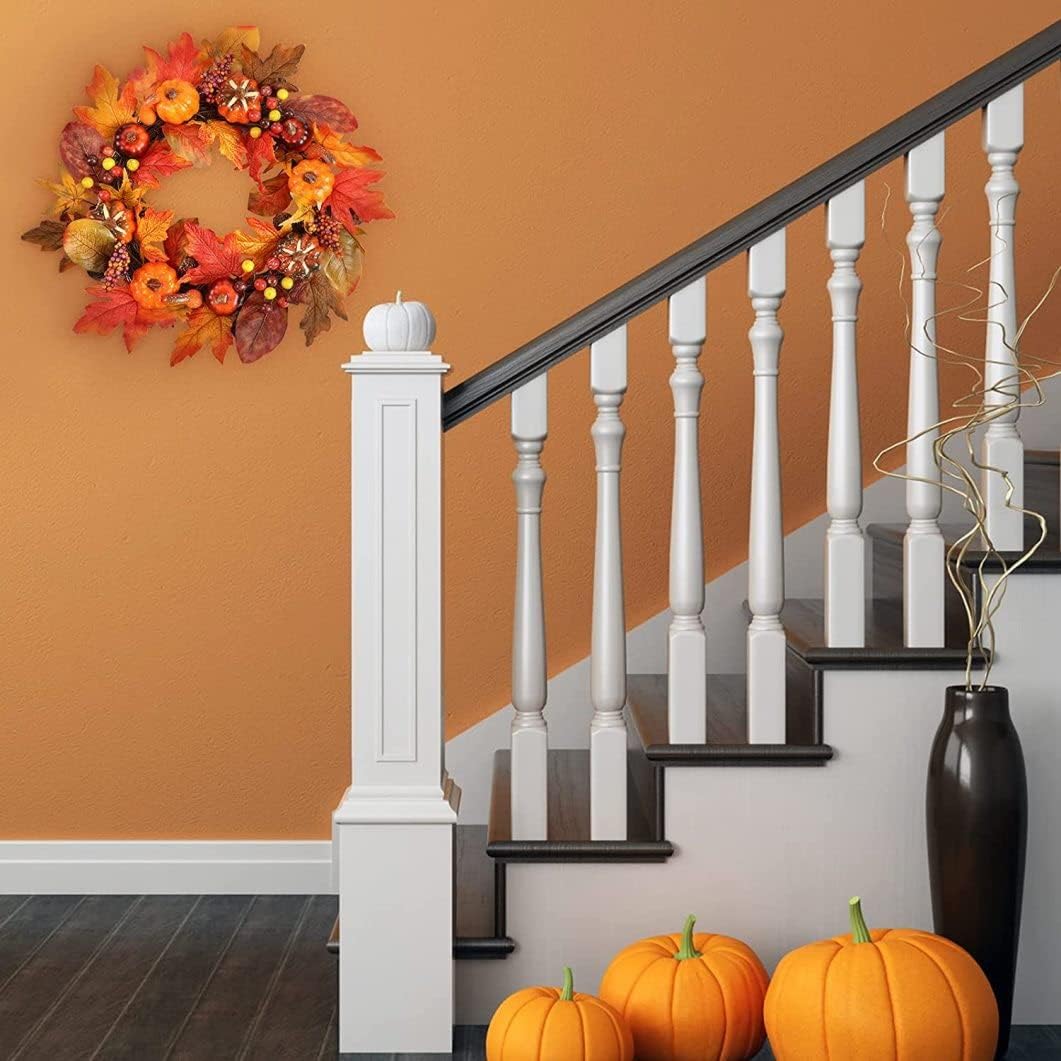 Corona de otoño de Acción de Gracias para puerta delantera, corona de cosecha de otoño con calabaza, hoja de arce, piña, baya para Navidad, otoño,