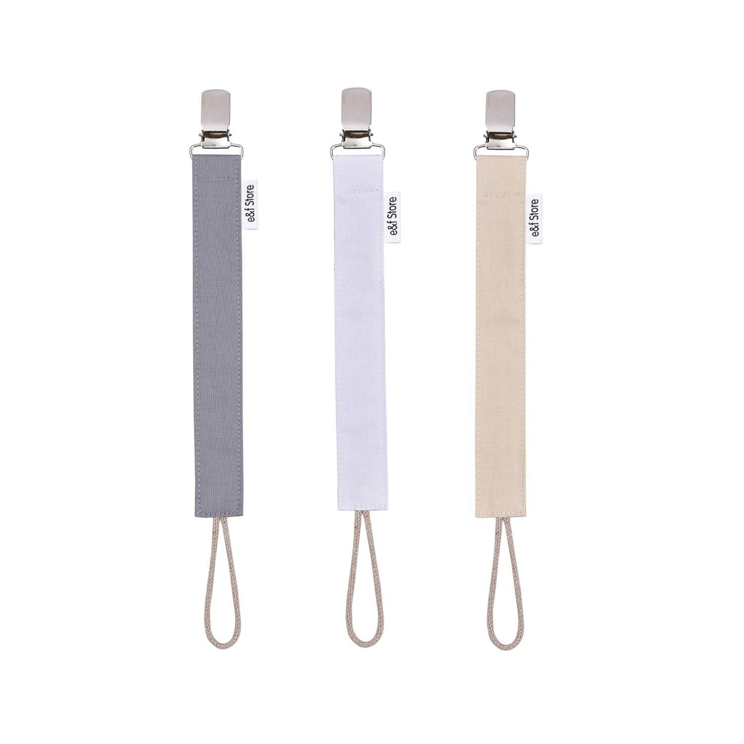 Clip para chupete de bebé, 100% algodón, hecho a mano, correa para chupete ligera y resistente a desgarros (paquete triple, beige, blanco, gris)