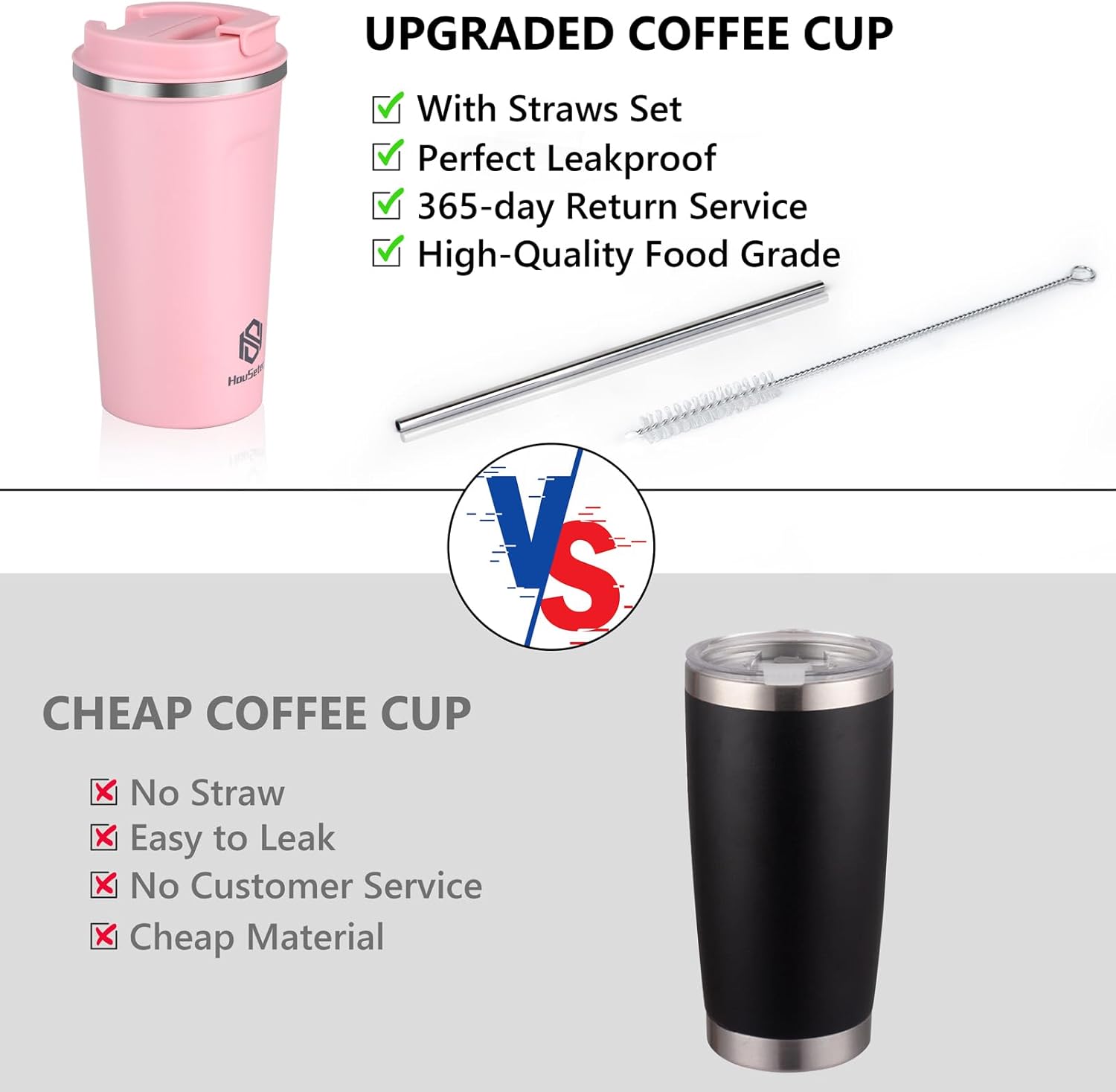 Taza de café, vasos de café con popotes y cepillos para pajillas, taza de café de viaje con tapas a prueba de fugas para mantener el agua caliente y