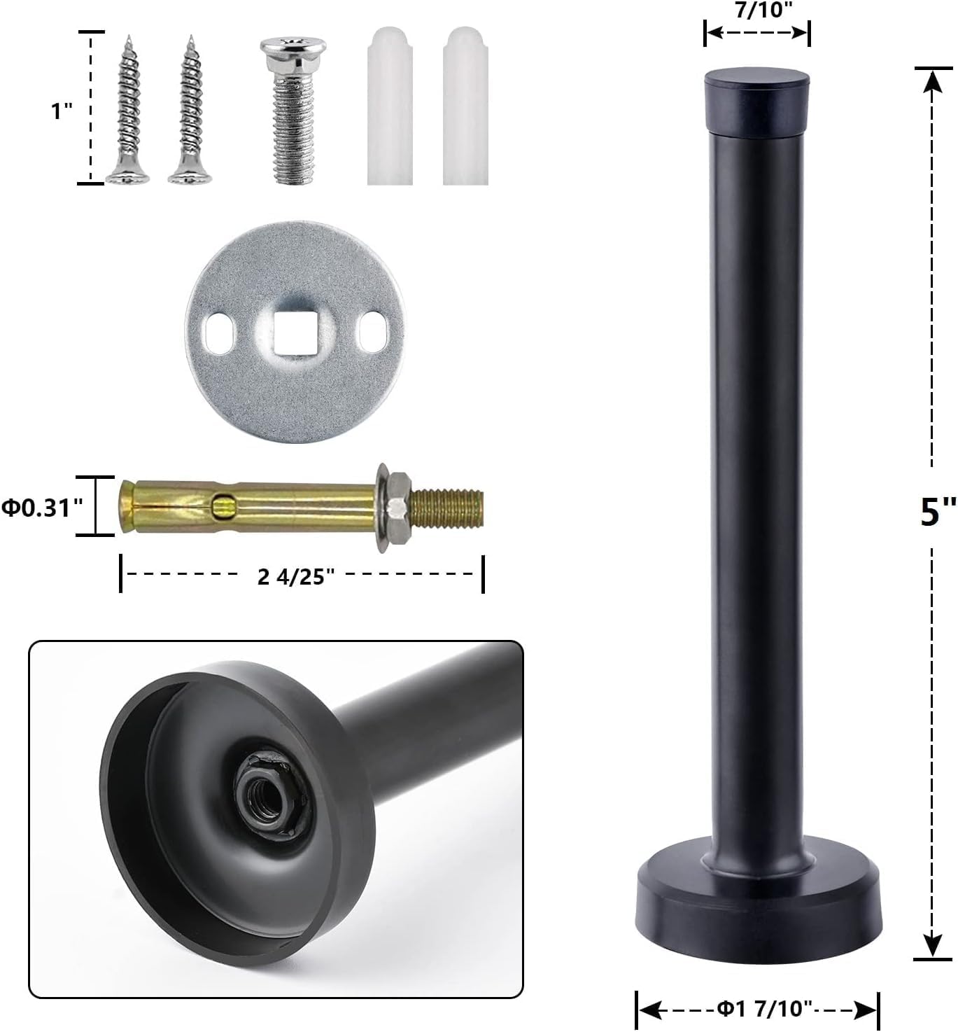 Topes de puerta, tope de puerta largo, tope de puerta de 5 pulgadas, topes de puerta negros para montaje en pared, tope de puerta de acero
