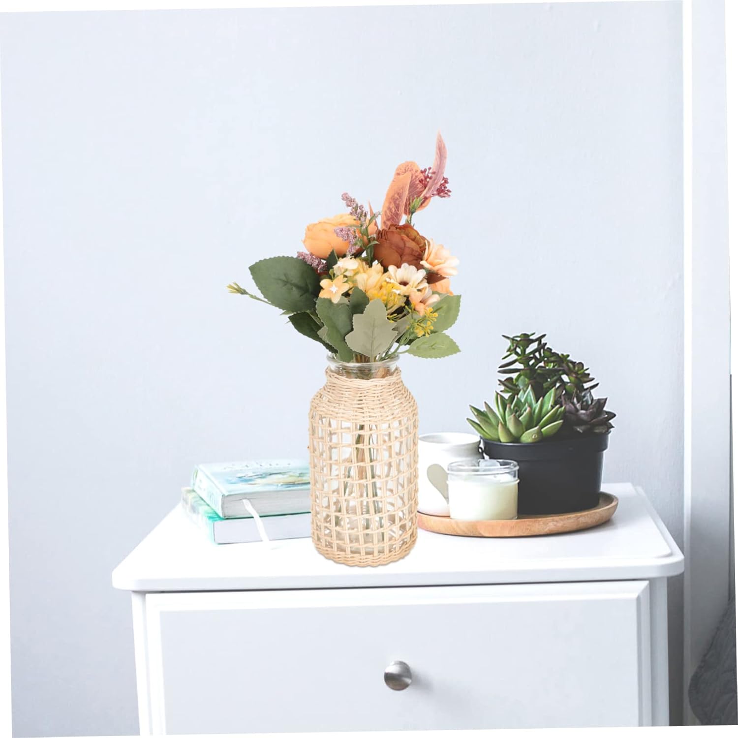 Abaodam Jarrón de cristal de ratán con cuerda, jarrón de arcilla, florero de burbujas, florero de vidrio, florero floral de mimbre para flores,
