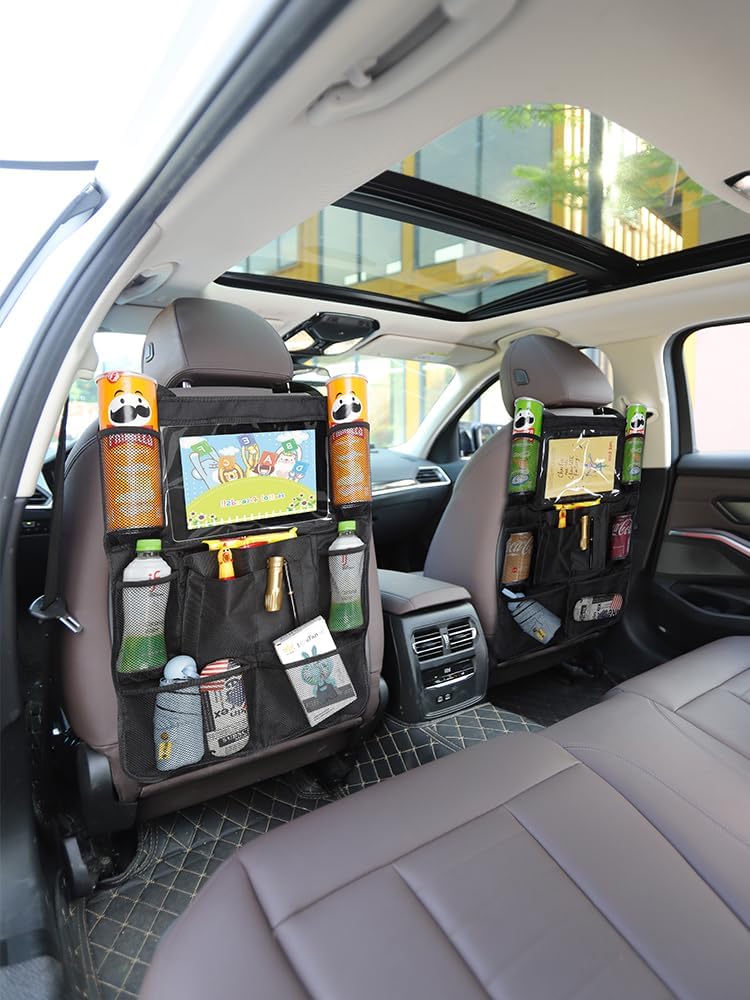 Organizador de asiento trasero de automóvil con soporte transparente para tableta, tela Oxford 600D, 9 compartimentos de almacenamiento, soporte