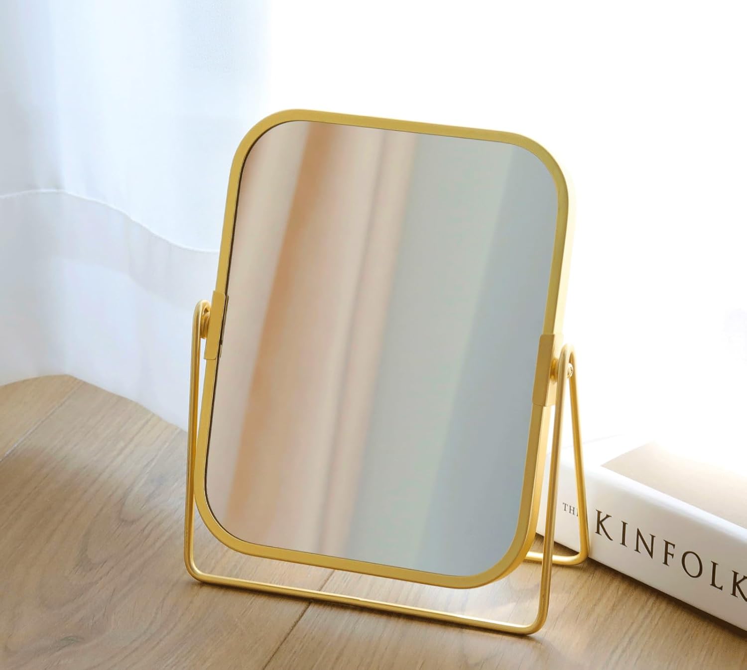 Espejo de maquillaje de mesa dorado de 2 caras, espejo de tocador de doble cara con aumento de 2X, espejo de tocador de rotación de 360 (dorado,