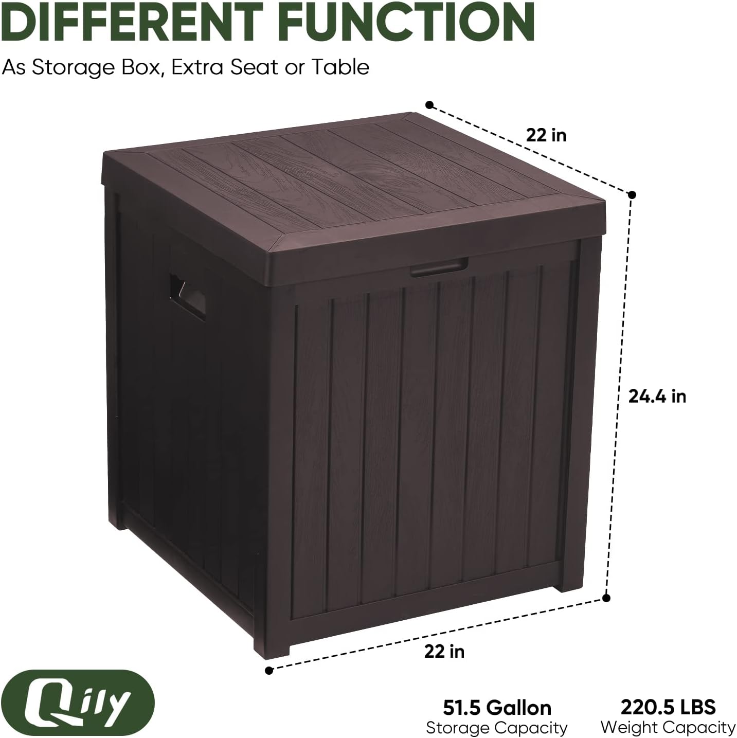 Qily Caja de almacenamiento para exteriores, resina impermeable, almacenamiento de cojines exteriores, caja de cubierta pequeña, duradera, caja de