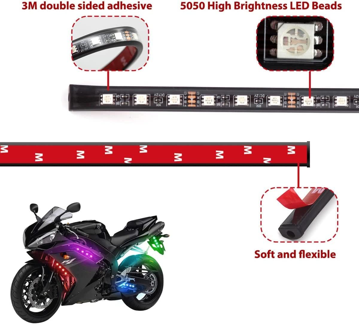 Juego de 6 luces LED para motocicleta, control de aplicación, multicolor, impermeable, tira de luces LED para motocicleta, sincronización de música