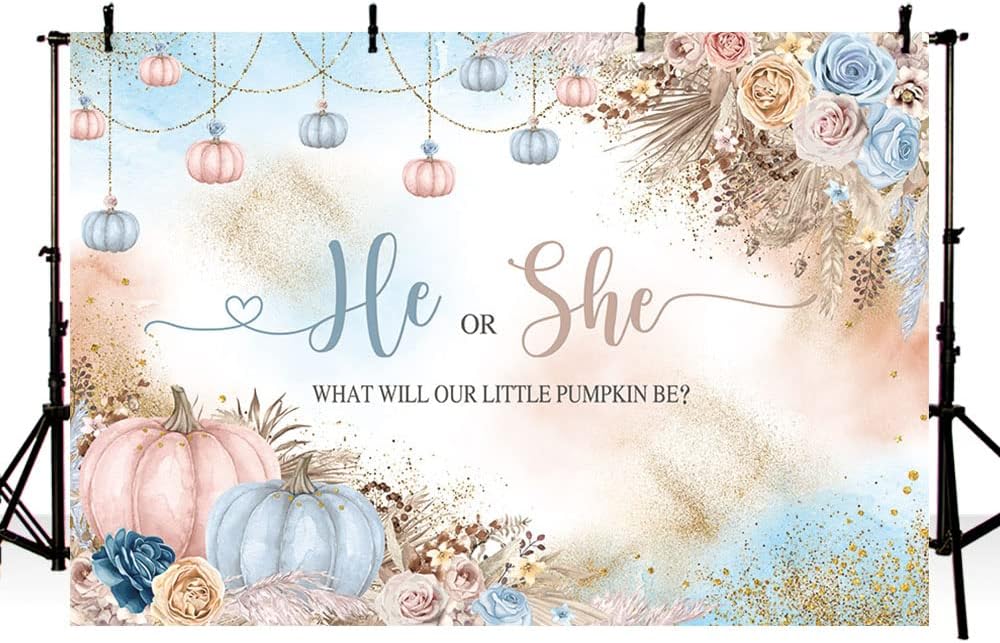 Telón de fondo de revelación de género de 7 x 5 pies con texto en inglés “He or She What Will Our Little Pumpkin Be Background”, color rosa y azul,