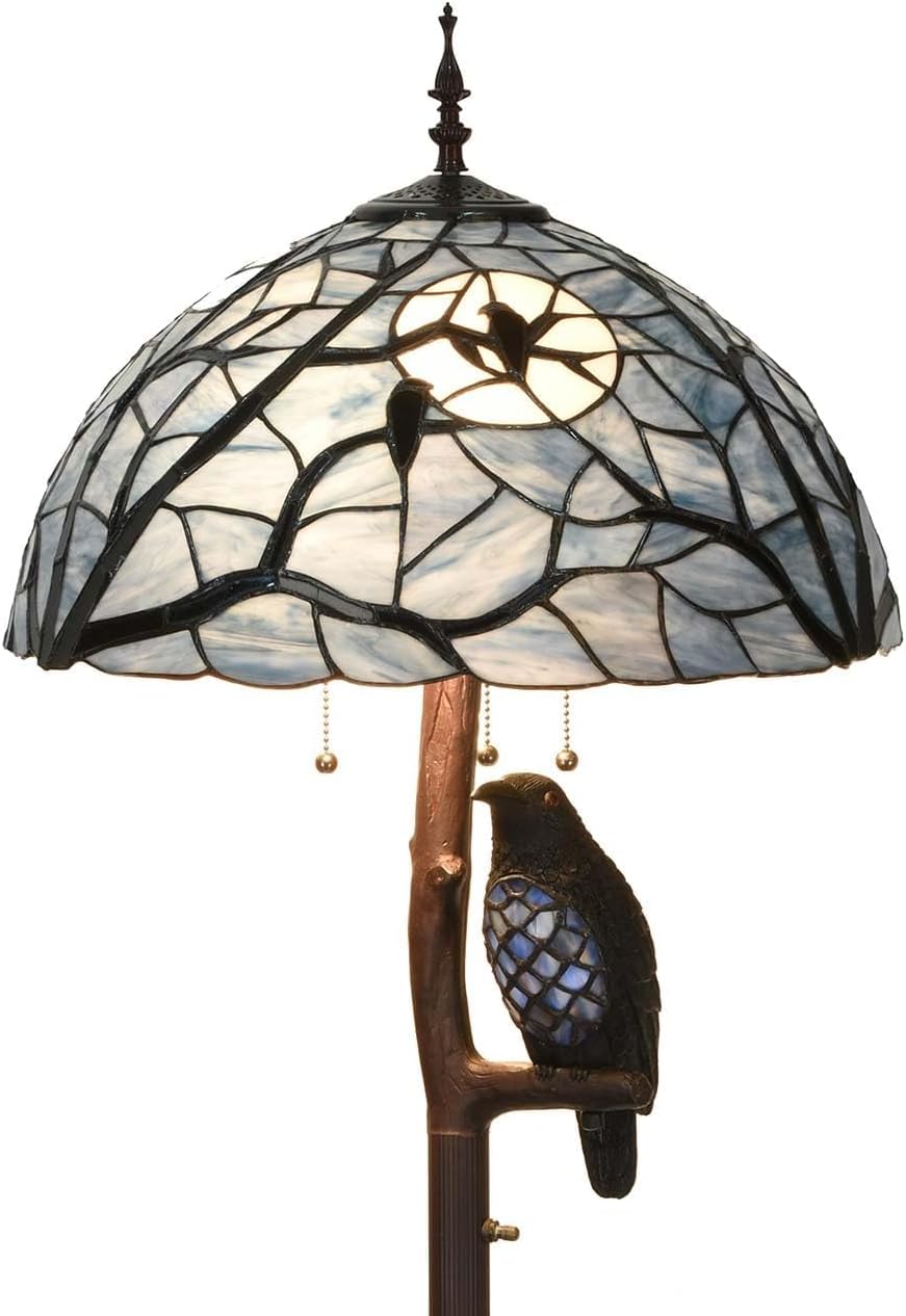 Bieye L10882 Ravens Sitting on Bare Tree Branch Against Full Moon Lámpara de pie estilo Tiffany con luz nocturna Raven doble iluminada para