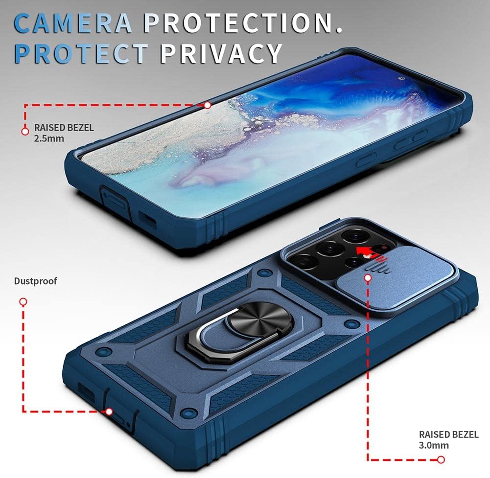 Funda para Samsung Galaxy S21 Ultra con cubierta deslizante para cámara y ranura para tarjeta y soporte de anillo, a prueba de golpes, grado