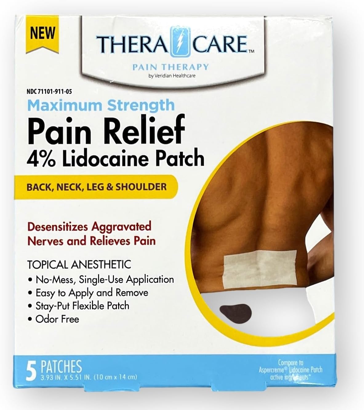 24-911 TheraCare – Parche para alivio del dolor al 4% de lidocaína, solo para uso externo, aplicación adhesiva simple, sin olor, cinco parches