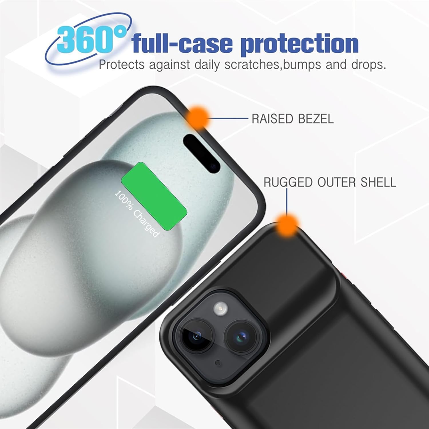 Funda de batería para iPhone 15, Full Encircle 8000mAh Ultra-Slim Recargable Smart Portátil, Funda de carga extendida compatible con iPhone 15 (6.1