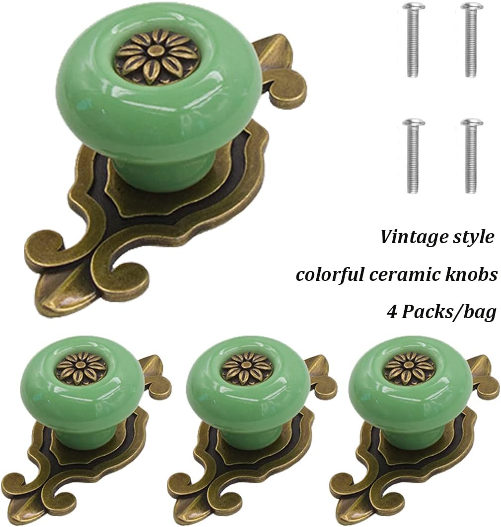 Pomos de cerámica para gabinete, 4 unidades Perillas vintage elegantes para cajones de aparador con placa trasera de bronce, manijas decorativas