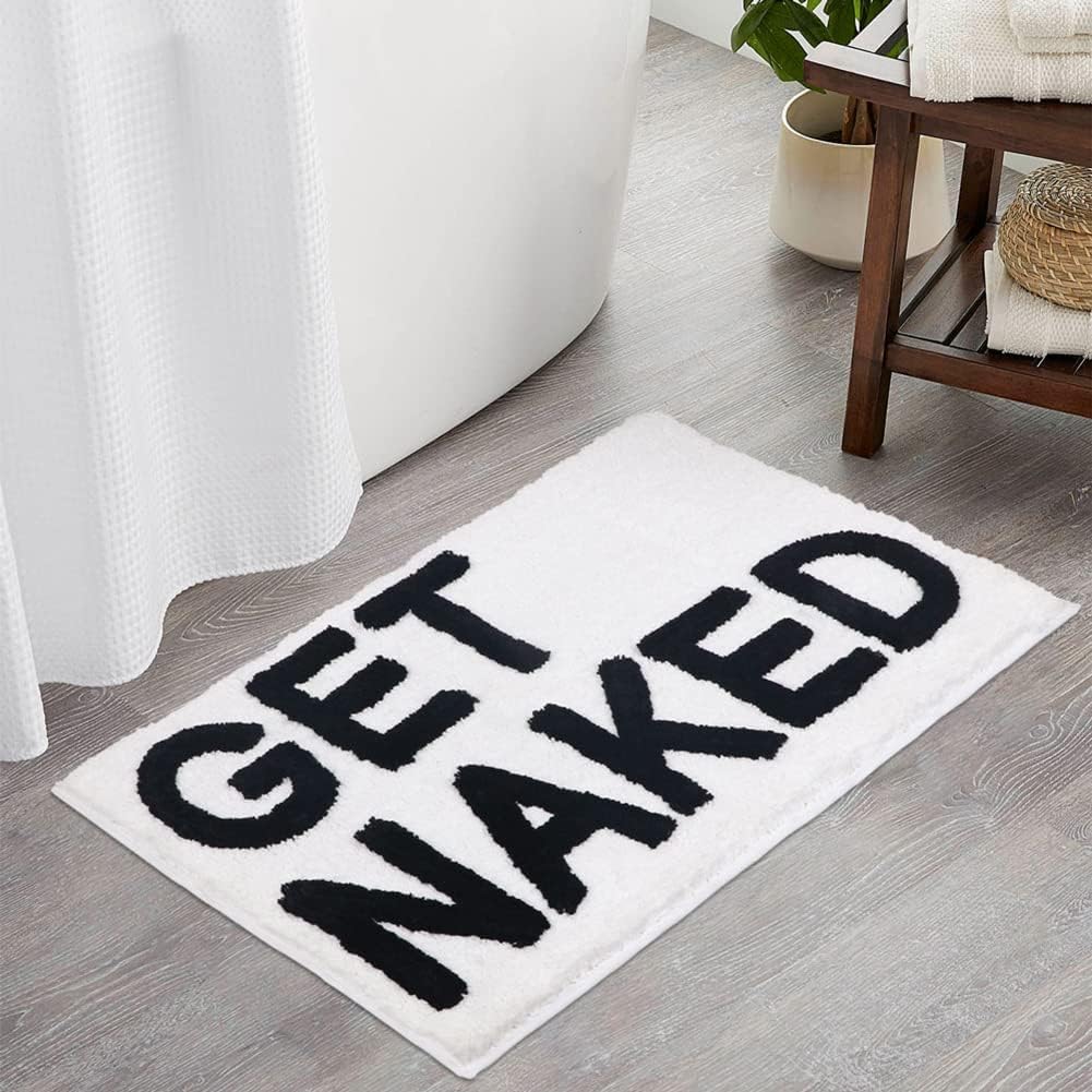 Zeeinx Alfombra de baño con texto en inglés “Get Naked”, bonita alfombra de baño de microfibra antideslizante, divertida decoración de baño, lavable