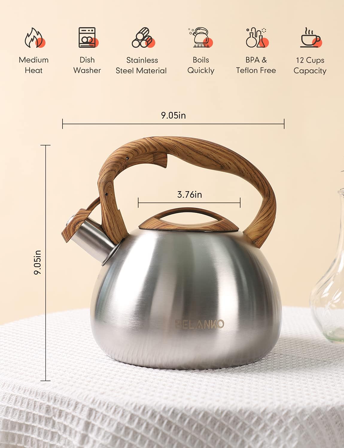 BELANKO – Hervidor de té silbante de 102 onzas  3 litros, ollas para estufa, acero inoxidable de grado alimenticio con mango de madera, silbato
