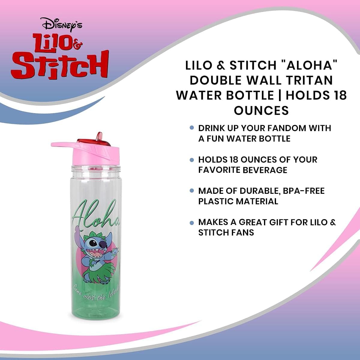 Silver Buffalo Lilo and Stitch Aloha – Botella de agua Tritan de doble pared  Botella de plástico sin BPA con tapa de rosca y tapa abatible con