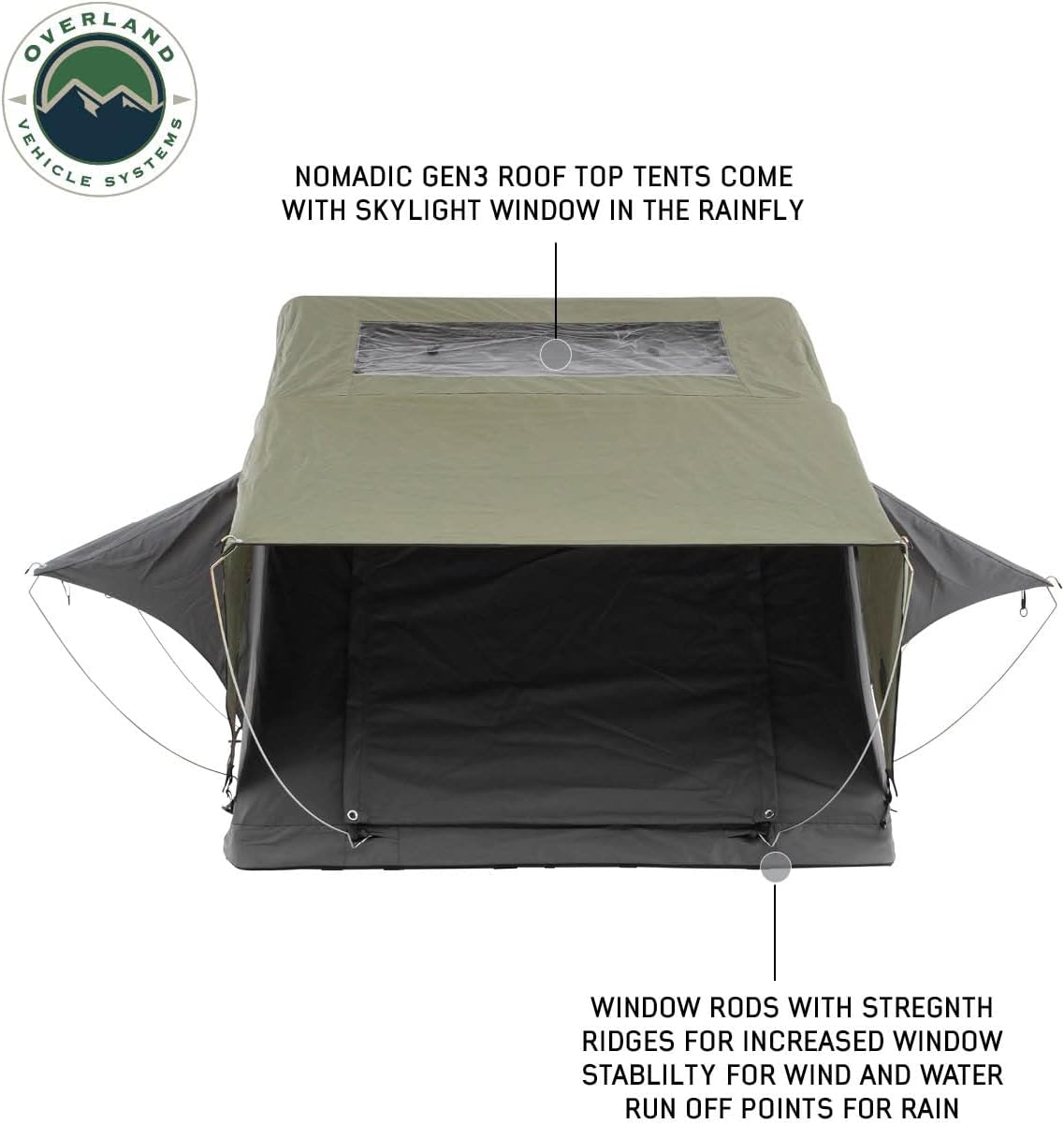 Overland Vehicle Systems HD Nomadic 3 – Tienda de campaña de techo de cubierta suave estándar, base gris oscuro con mosca de lluvia verde y cubierta