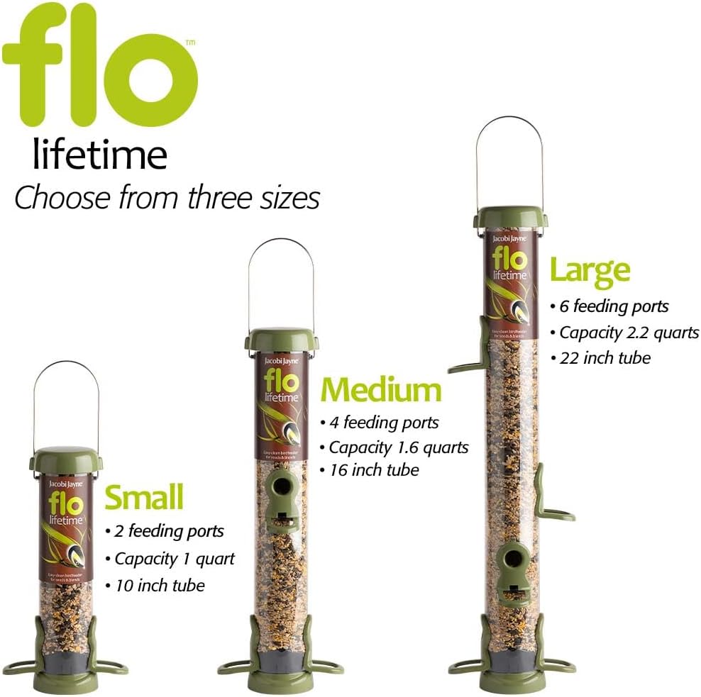 Flo Lifetime – Comedero para pájaros fácil de limpiar para semillas con tubo ancho, metal, verde, pequeño FLL-S1G