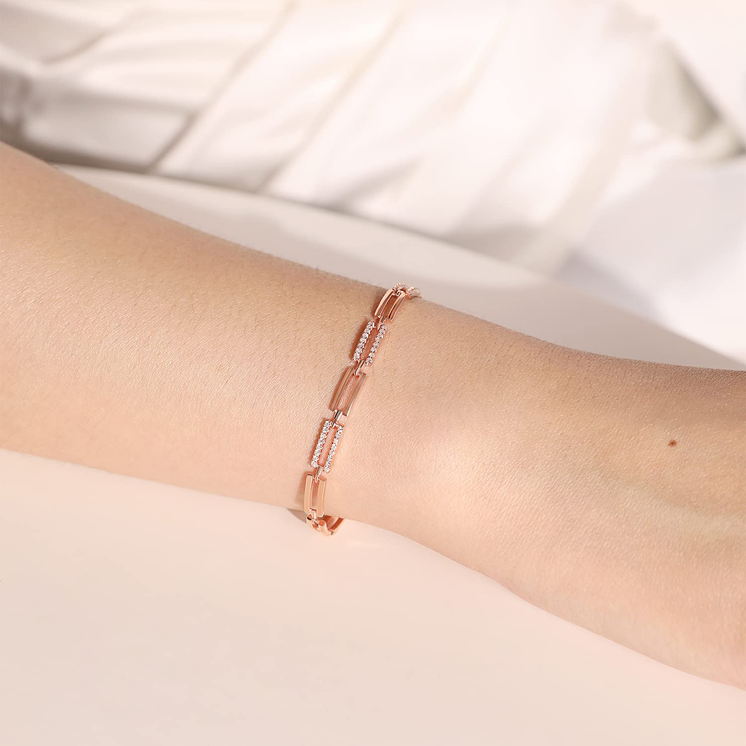 Meissa 925 Sterling Silver Rectangle Diamond Bracelet for Women Rose Gold Stackable Friendship Bracelet Gift Summer Handmade Jewelry, Length