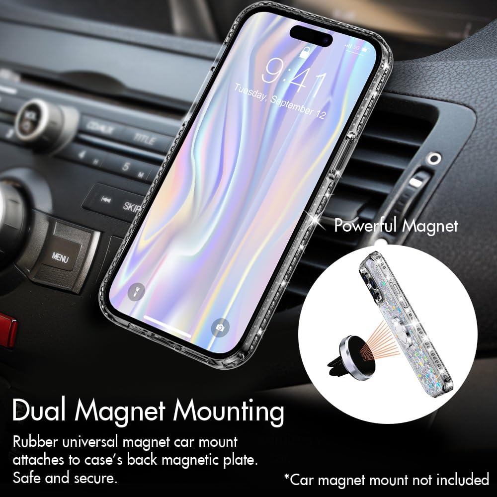 Silverback Funda para iPhone 15 Pro Max, funda con purpurina holográfica líquida en movimiento con soporte, para niñas y mujeres, funda protectora