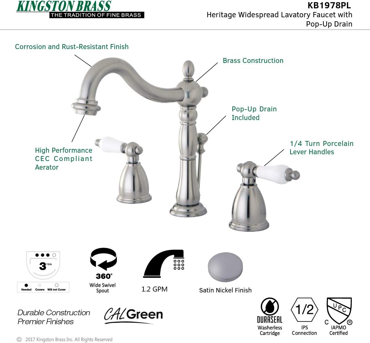 Kingston Brass KB1978PL Heritage – Grifo de lavabo generalizado con mango de palanca de porcelana, níquel cepillado
