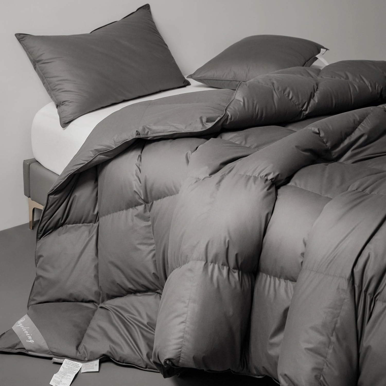 Royoliving Edredón superior de plumas 100% algodón, edredón grueso de invierno tamaño Queen con 4 bucles en las esquinas y 4 pestañas medias (gris