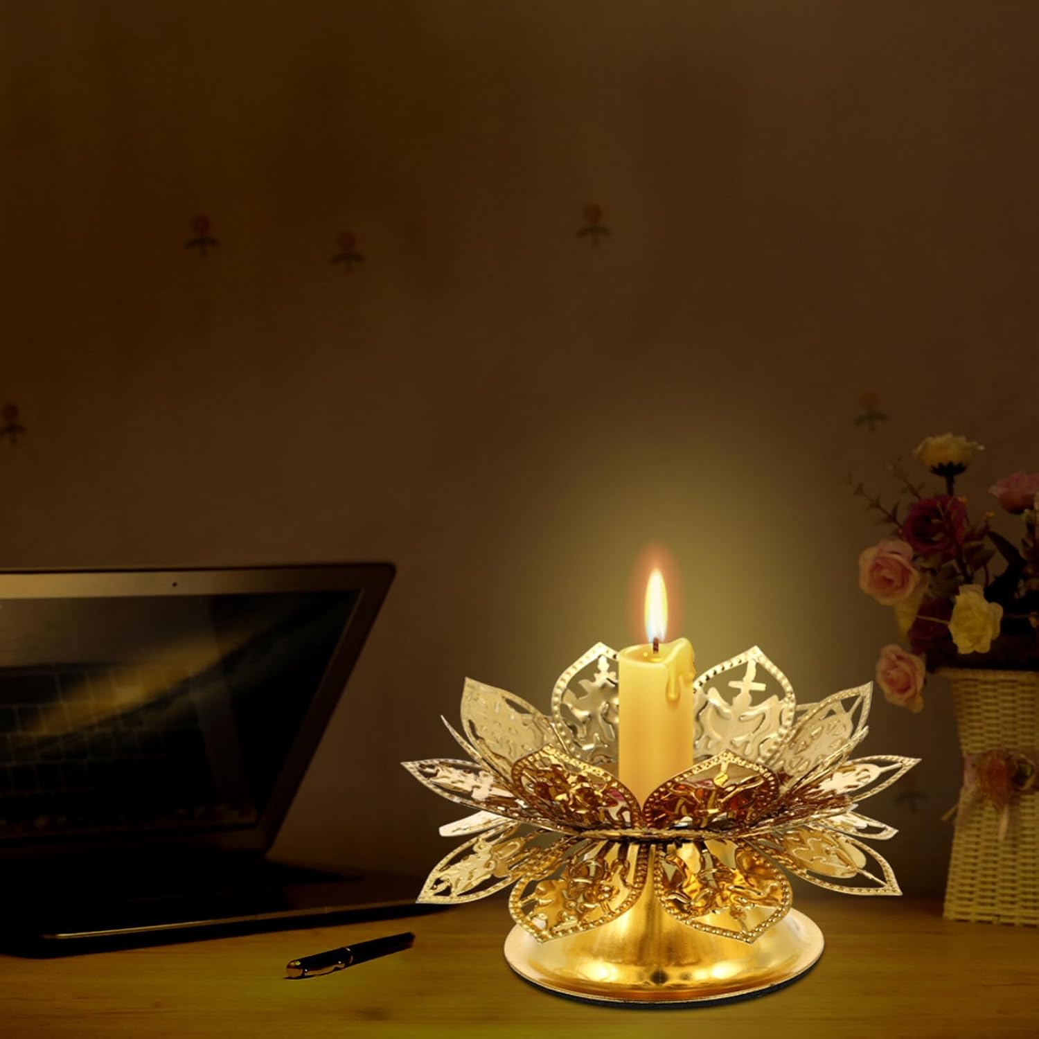 SOLUSTRE Candelabro de Buda con base de vela de loto, flor de loto, candelita votiva, soporte de lámpara de mantequilla de Buda de metal, soporte de