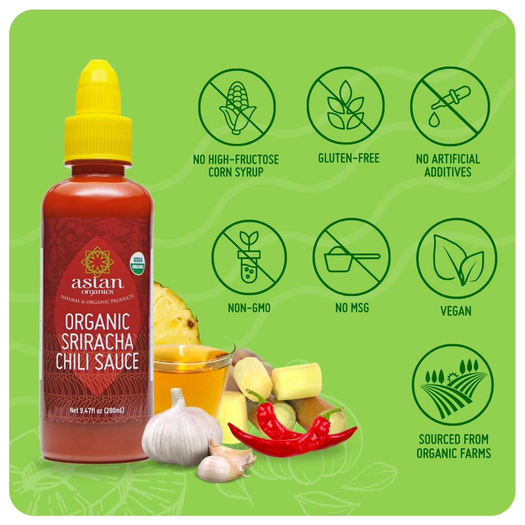 Asian Organics – Salsa de chile picante sriracha orgánica – Salsa picante asiática 100% certificada por USDA, sin MSG, sin OMG, salsa picante
