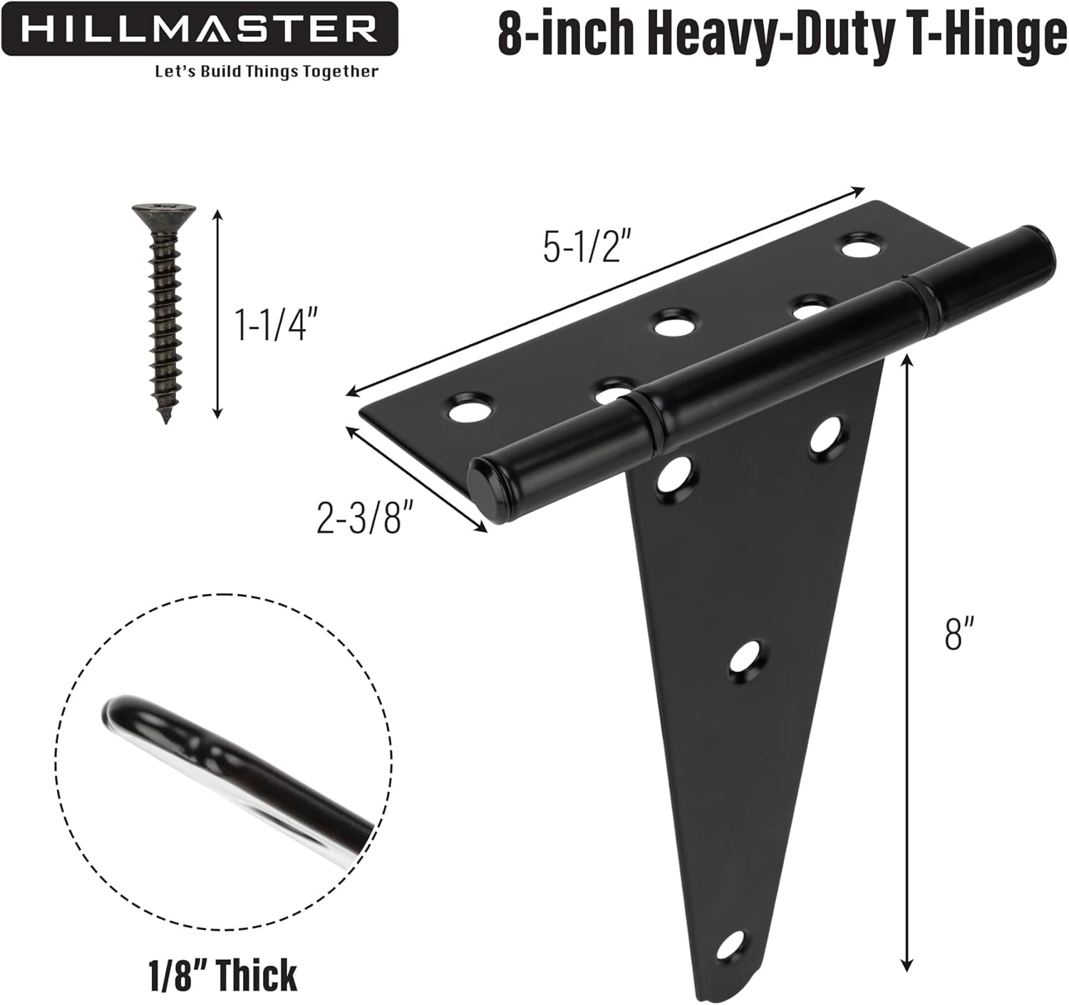 HILLMASTER Correa en T de 8 pulgadas, bisagras de puerta de cobertizo, bisagra negra para cercas de madera, patio, puerta de granero, a prueba de