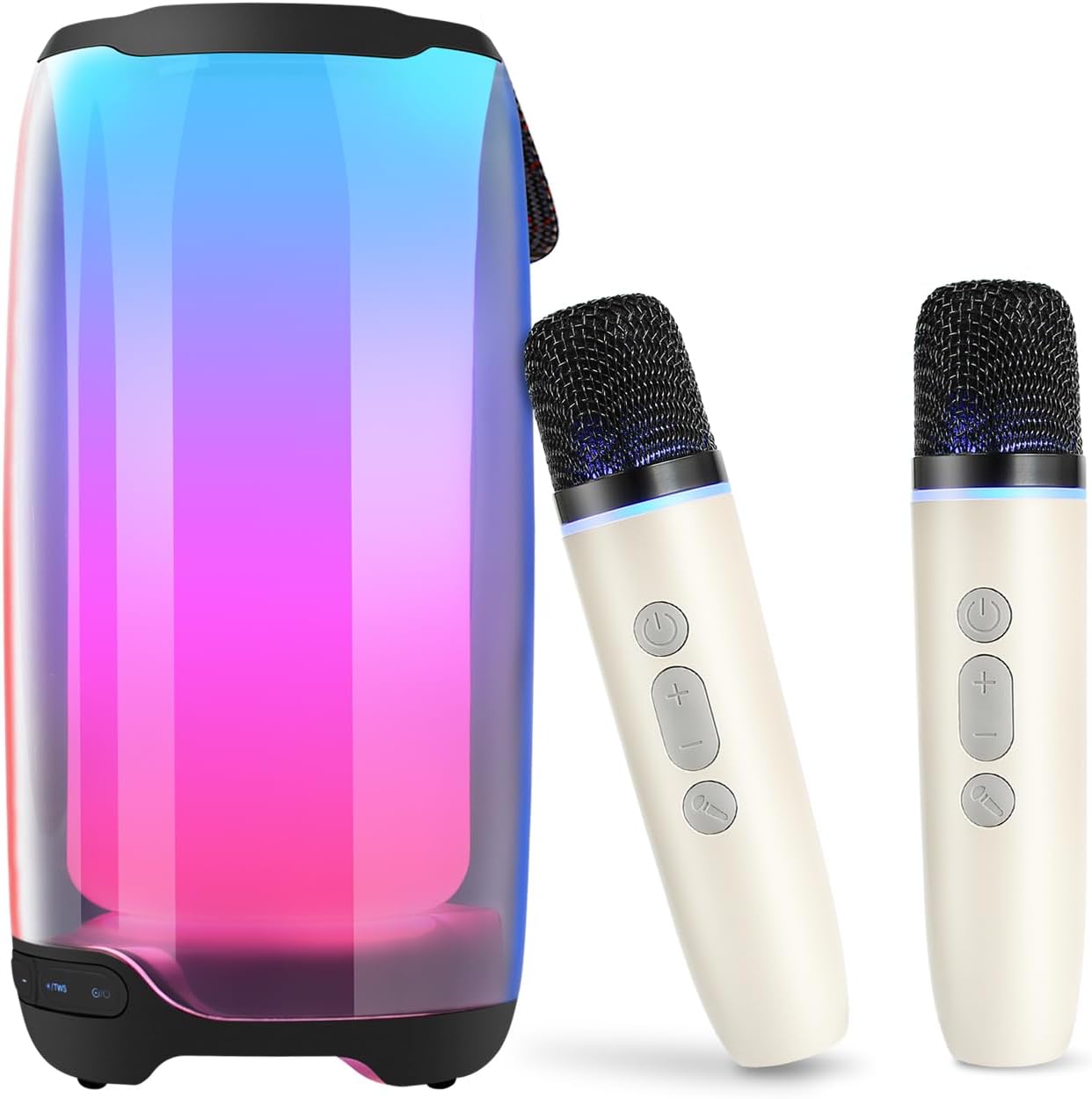Máquina de karaoke portátil para adultos y niños con 2 micrófonos, ajuste de gravesagudos, TWS, luces LED, compatible con BT, tarjeta TF, altavoz
