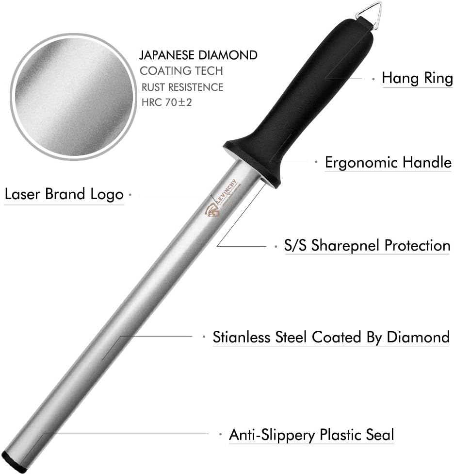 LEVINCHY Acero para afilar cuchillos de diamante de 10 pulgadas, acero profesional con revestimiento de diamante, barra afiladora de cuchillos de