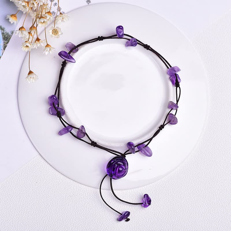 Sofiacreations Handmade Natural Amethyst Anklet, Hand Carved Rose Flower Amethyst Chip Beads Anklet, Healing Protection Balance Women Boho Style
