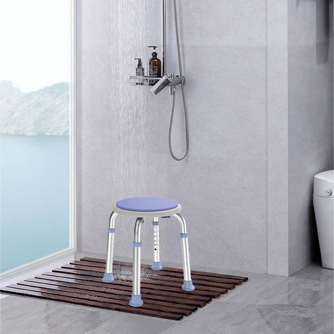 DELOG Silla de ducha giratoria de 360 grados, 300 libras, taburete de ducha giratorio para herramienta de ducha interior, asiento de ducha ajustable