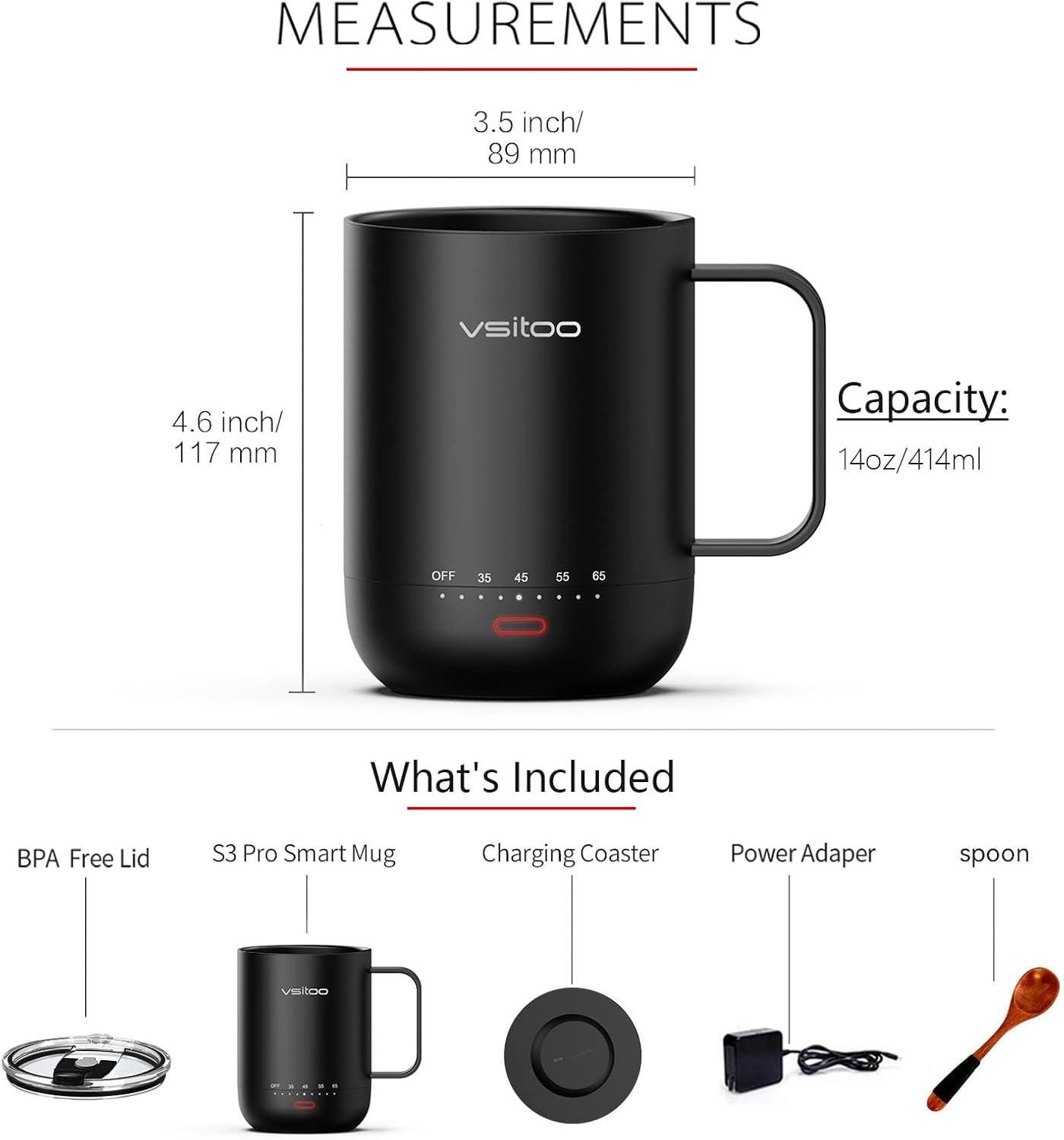 vsitoo S3pro – Taza inteligente de control de temperatura 2 con tapa, taza de café autocalentable de 14 onzas, duración de la batería de 90 minutos,