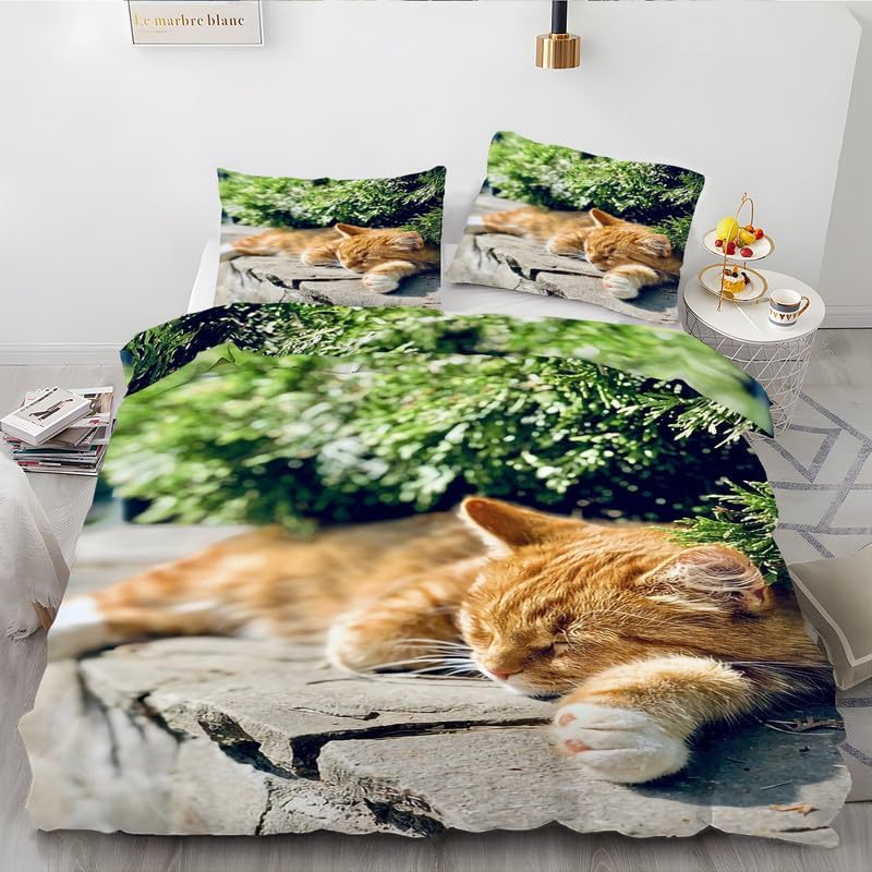 Khaki Cat Duvet Cover Queen Animal Print Bedding Sets Queen Soft Microfiber Comforter Cover and 2 Pillow Shams 20″X26″, Bed Set Duvet Covers with