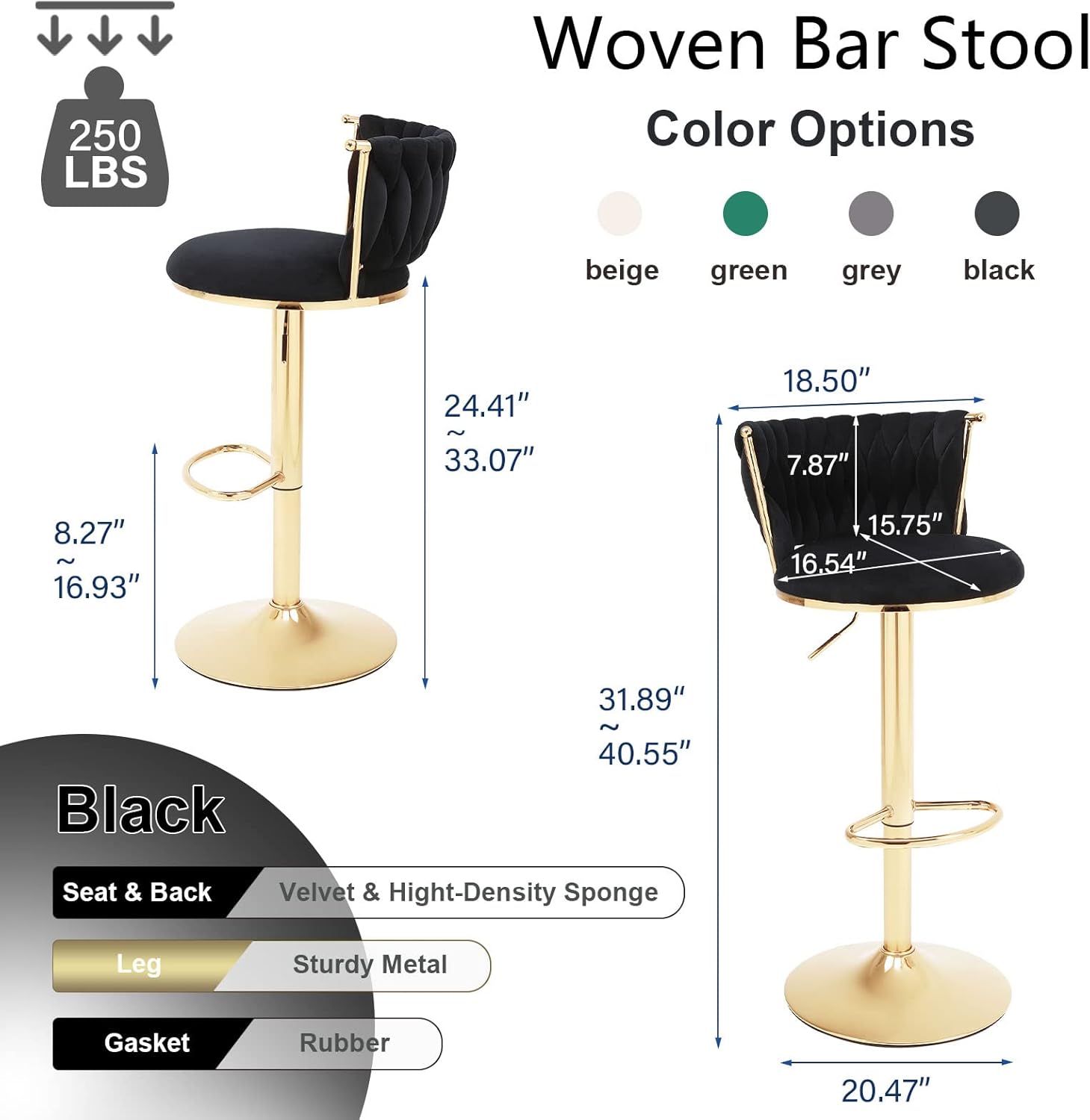 ODUWA Juego de 2 taburetes de bar de terciopelo giratorios de 360 con patas de metal dorado, silla moderna ajustable para comedor con respaldo y