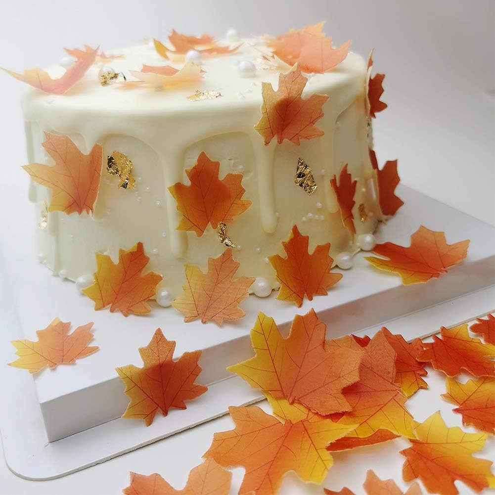 50 piezas comestibles de hojas de otoño de hojas de oro, decoración de pastel de hojas de arce, decoración de otoño, taza de hoja dorada comestible