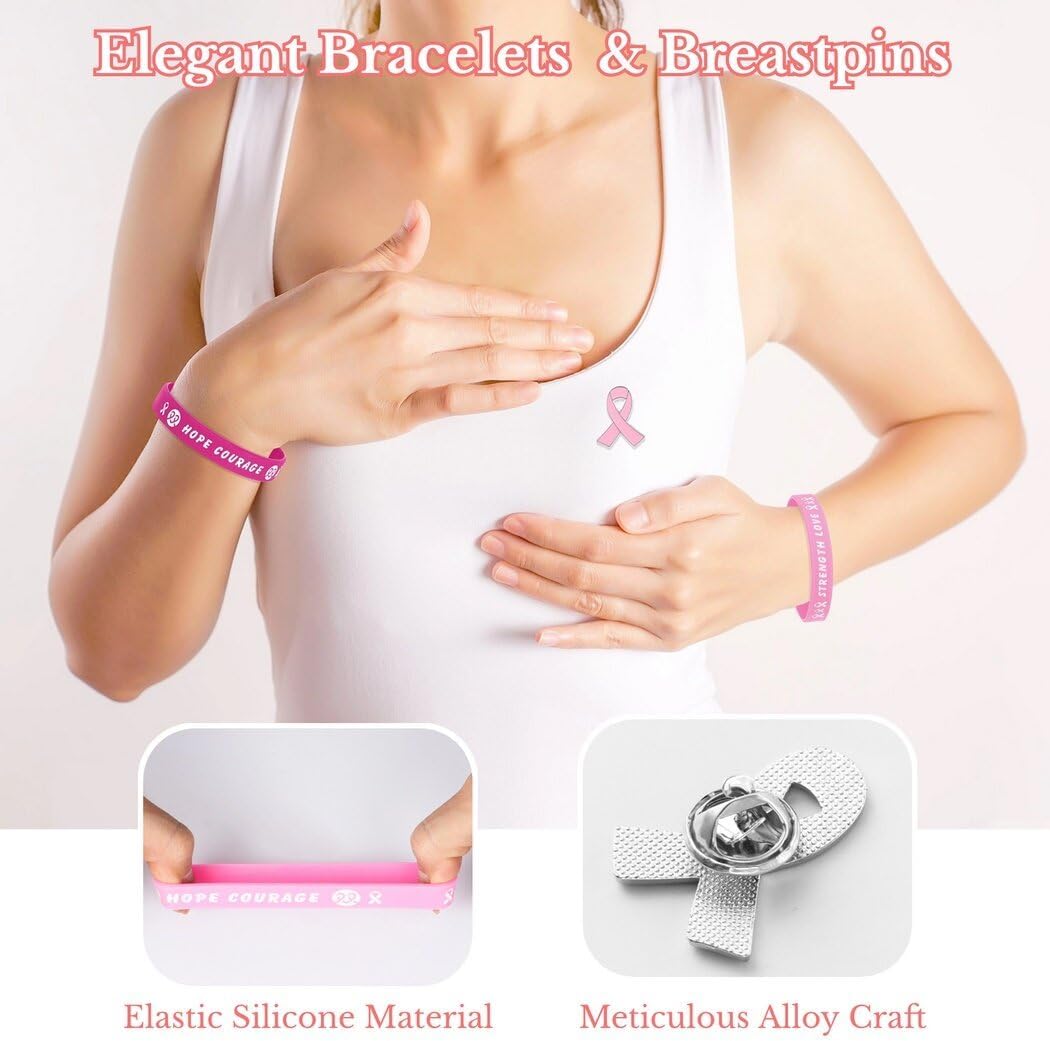 108 piezas de accesorios de concientización sobre el cáncer de mama, bolígrafos de bola con cinta rosa, pulseras de silicona, broches de aleación,