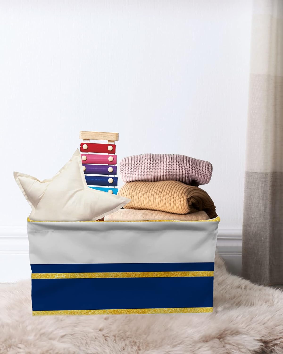 Luxurious Navy Blue Geometric Storage Basket for Organizing Shelves, Collapsible Storage Bins Boxes with Handle, Yellow Modern Line Abstract Art