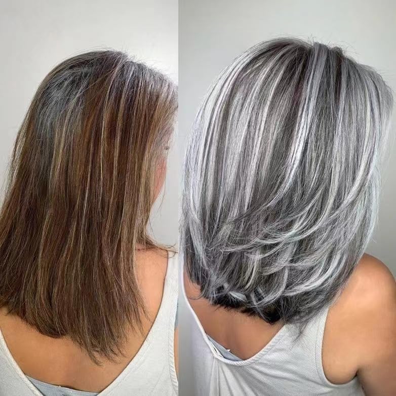 Aisaide Peluca corta gris plateado degradado con reflejos en capas con flequillo de cortina, pelucas grises para mujer, peluca gris sintético
