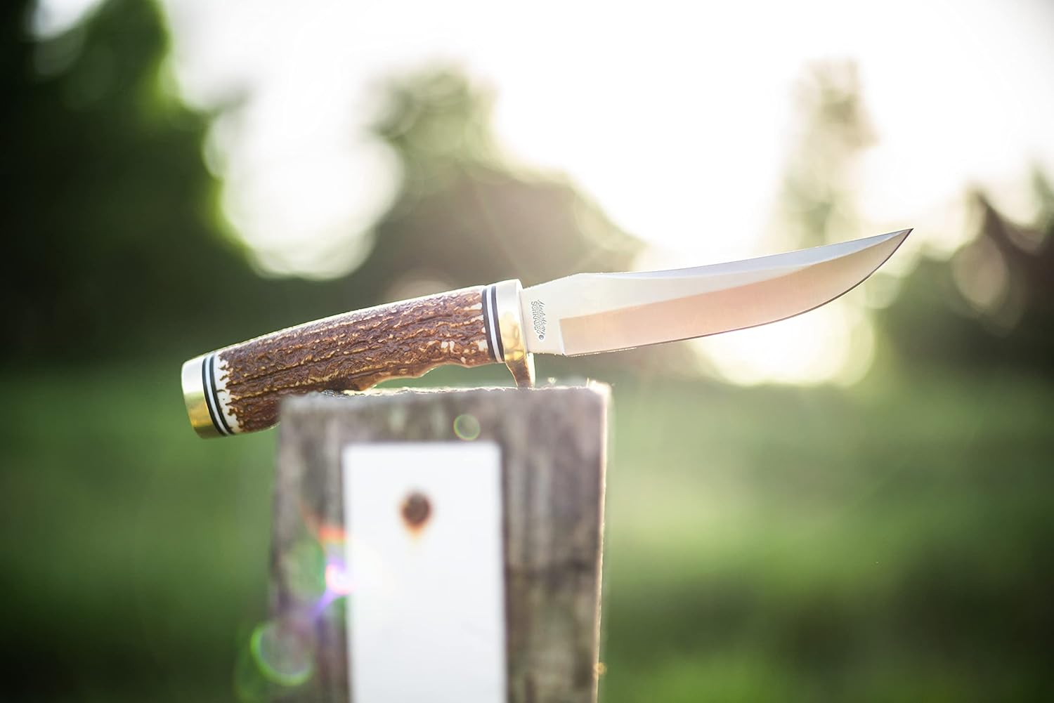 Uncle Henry 153UH – Cuchillo de punta dorada de próxima generación con hoja fija SS de alto carbono de 5 pulgadas, mango de estaglón, piedra