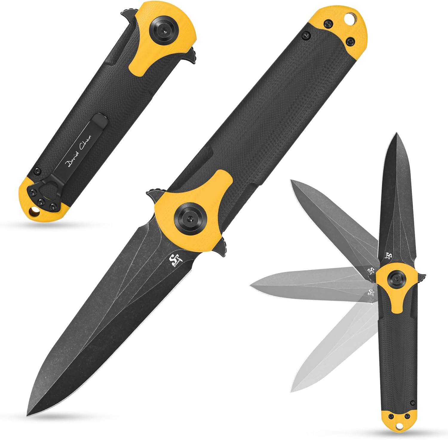 Sitivien ST158 – Cuchillo de bolsillo plegable, chapado en titanio, hoja de acero DC53 lavado a la piedra negra con mango G10, cuchillo de