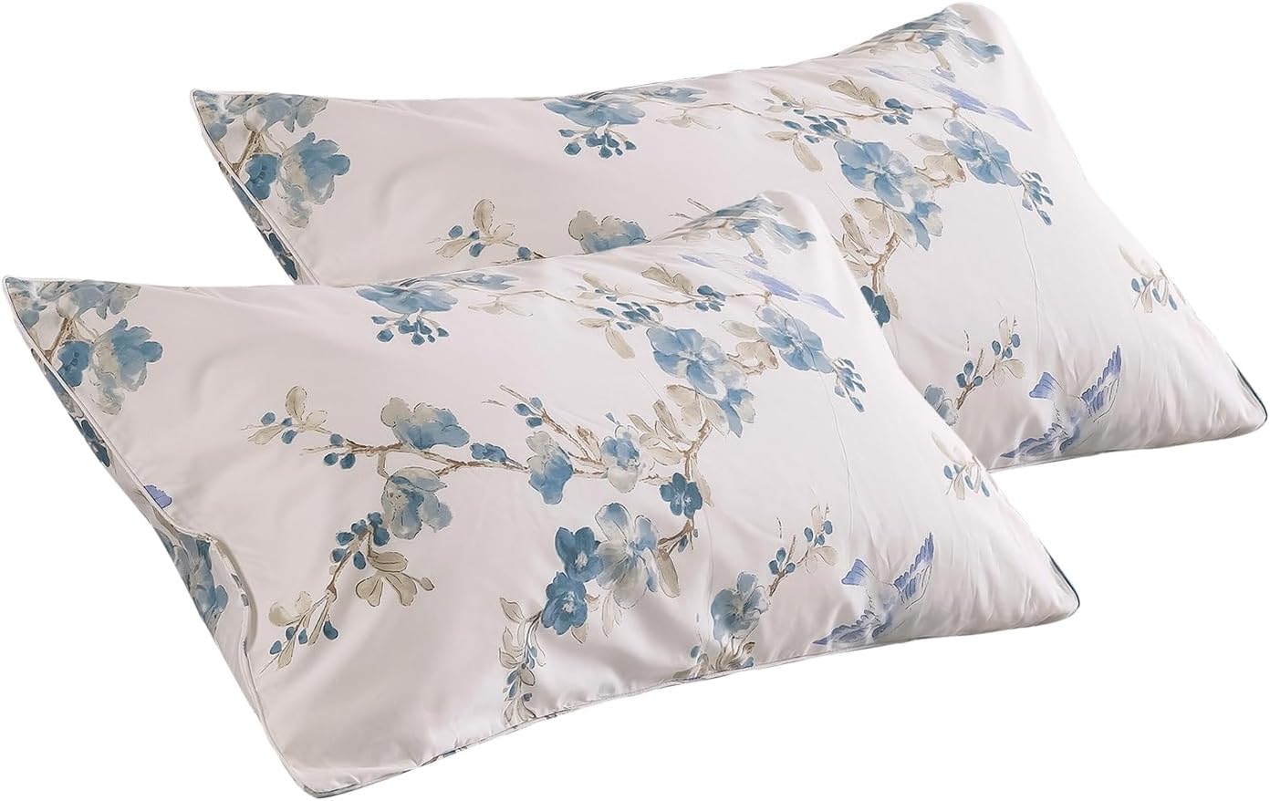 QSH Juego de 2 fundas de almohada 100 % de algodón egipcio con estampado de flores de pájaros azules para cama Queen, fundas de almohada con cierre