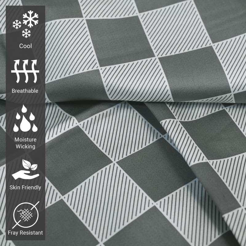 Pizuna Juego de sábanas de algodón gris con estampado a cuadros de tamaño matrimonial, sábanas de 400 hilos 100% algodón satinado, 100 % algodón