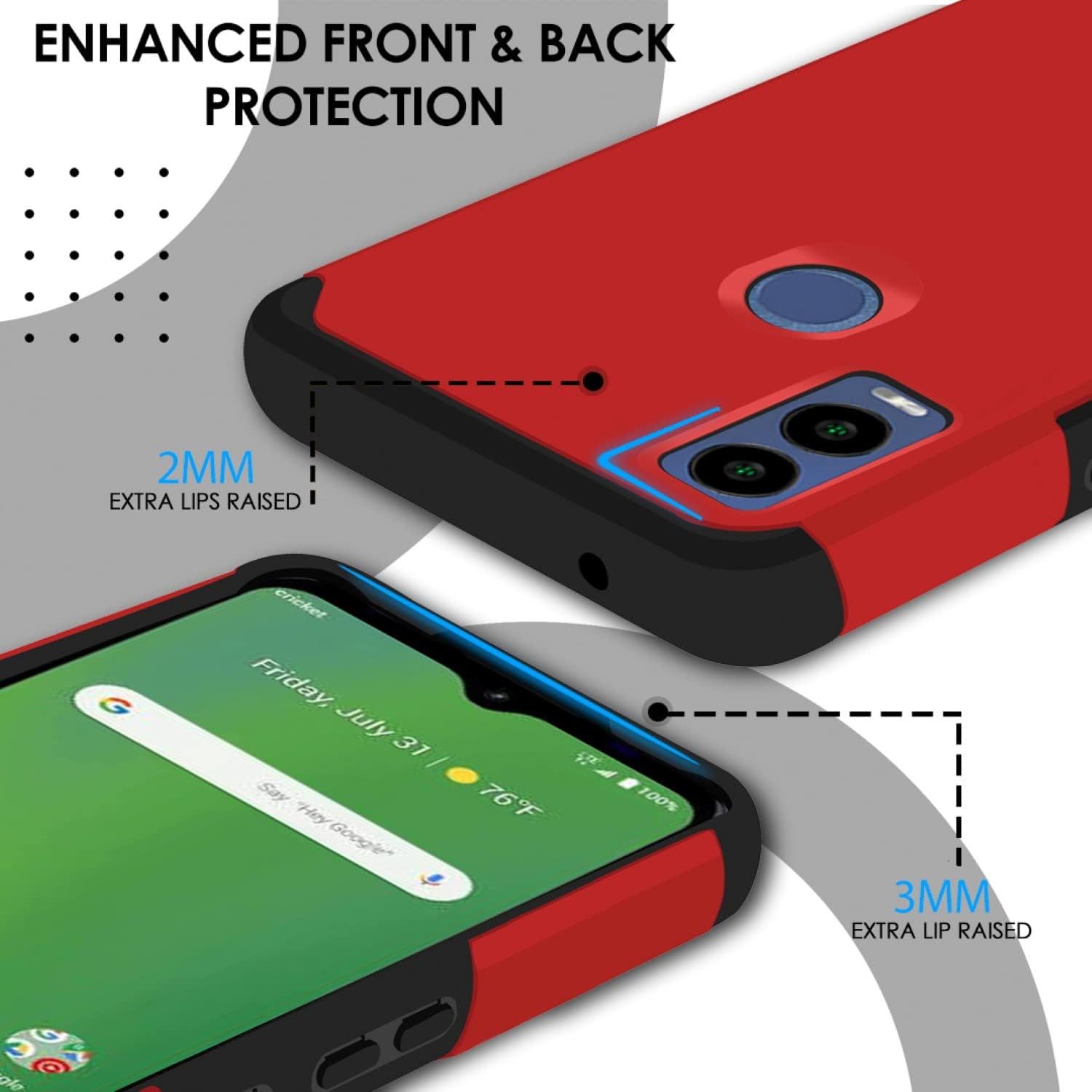 TJS Funda compatible con Cricket Innovate E 5G (solo versión E, juego de 2 cámaras), con protector de pantalla de vidrio templado de doble capa