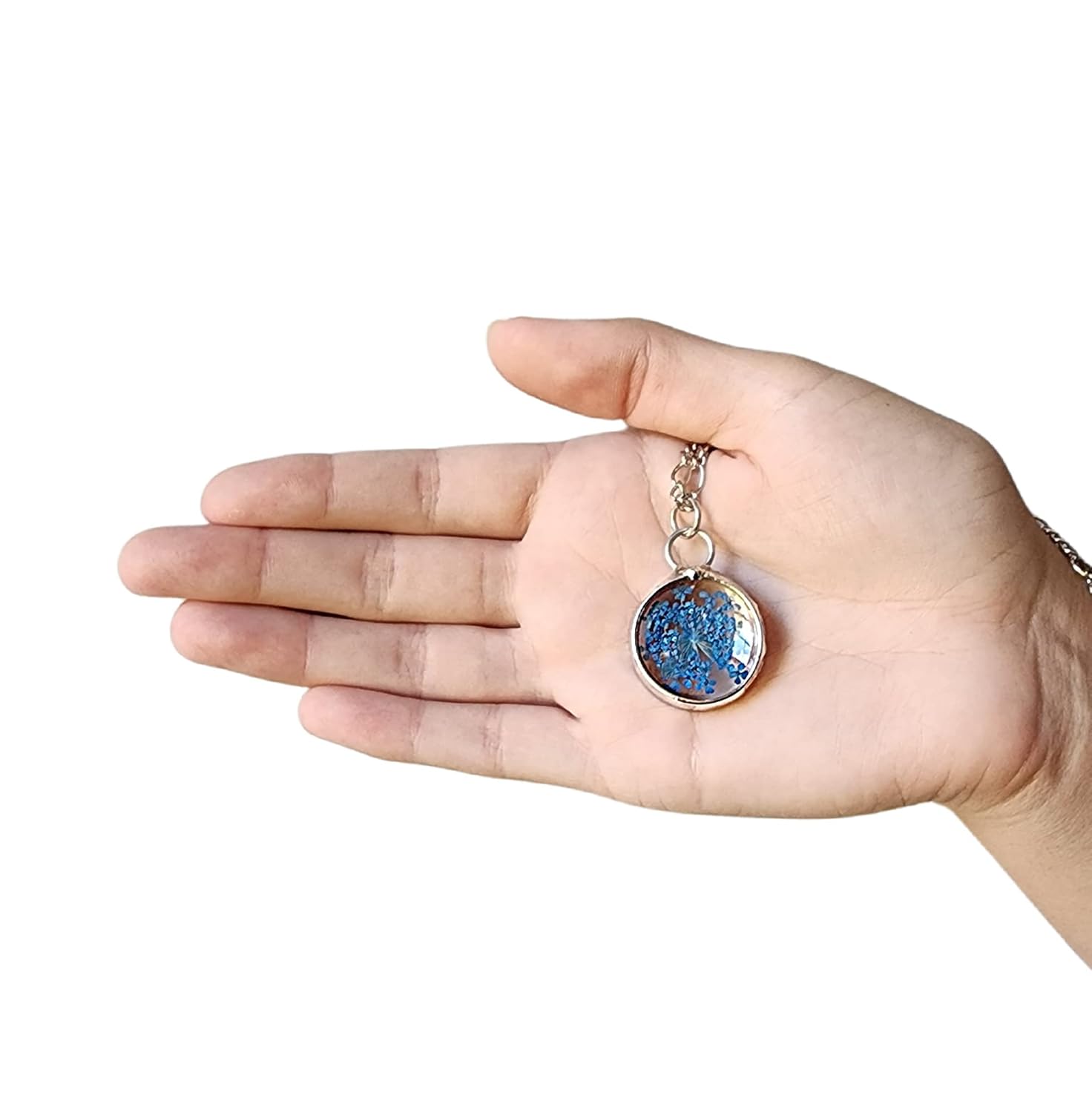 Queen Anne’s Lace Necklace for Women Blue Real Pressed Flowers in Glass Pendant Handmade by Bayou Glass Arts Natural Wildflower Jewelry Gift for