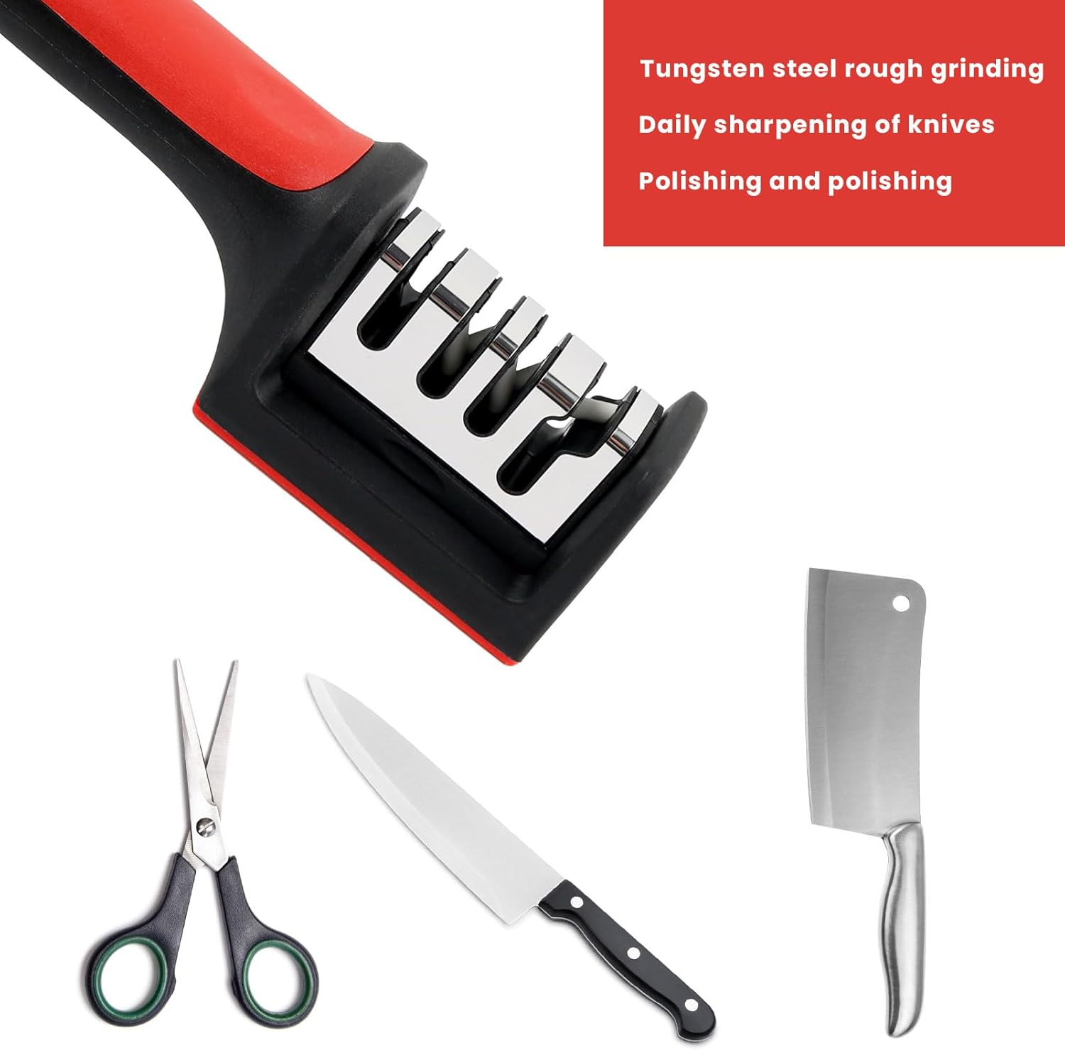 Afilador de cuchillos de mano de 4 etapas, afilador de cuchillos de cocina y bolsillo para cuchillos de acero cerámico y tijeras, reparación y
