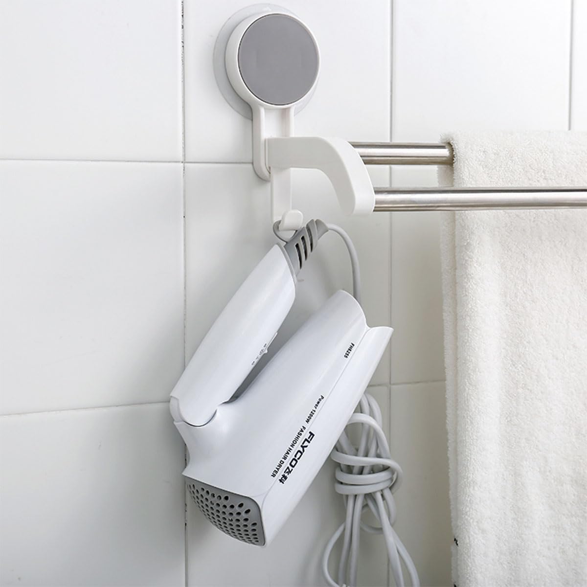 Cetomo Toallero de doble barra montado en la pared con 2 ganchos para ducha, puf, paño de limpieza, cepillo de cocina, baño, marco de plástico,