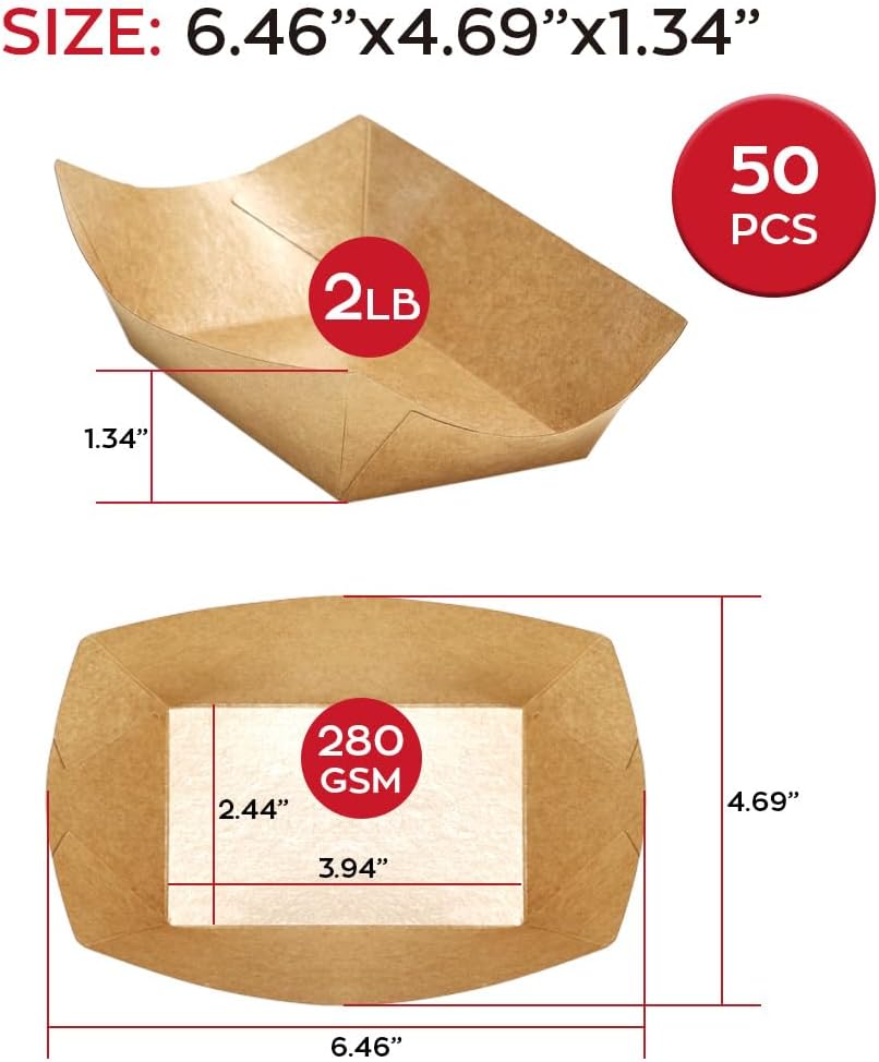 Pro.me Paquete de 50 bandejas de papel de 2 libras, bandejas desechables para servir barcos resistentes a la grasa para fiestas y eventos,